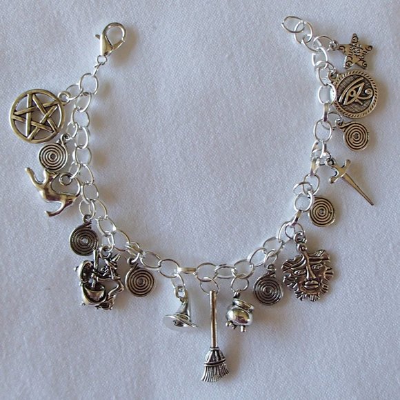 Wicca Witch Pagan Theme Charm Bracelet SP Handcrafted + Organza Roses Gift Bag - Picture 2 of 8
